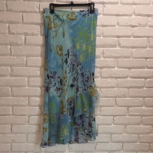 Blue Floral Chiffon Ruffle Maxi Skirt